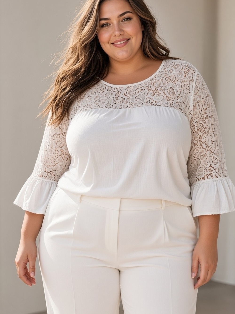 Marc New York Plus Size Lace Yoke Blouse - Cream